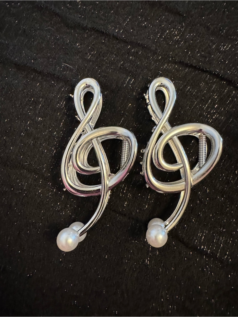 Two Silver Treble Clef Hair Clips with Pearl Accents